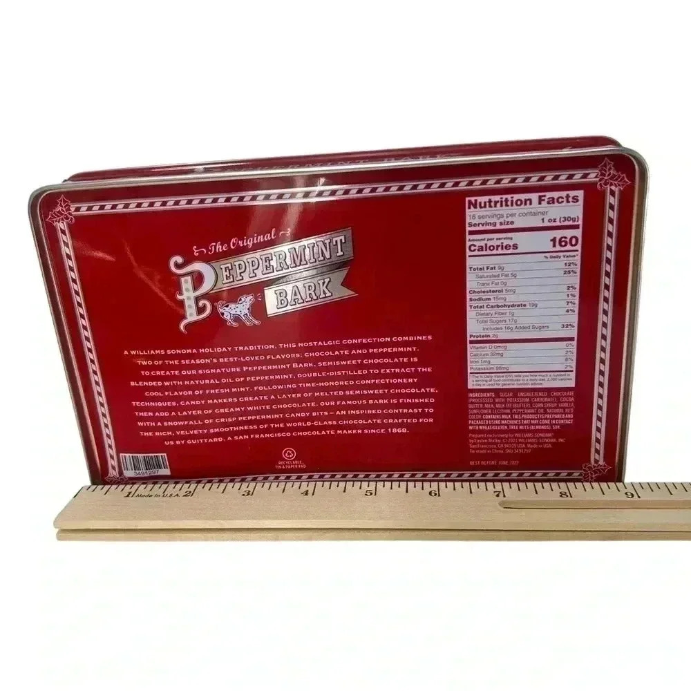 WILLIAMS SONOMA PEPPERMINT BARK DECORATIVE METAL TIN W/ LIF EMPTY CHRISTMAS - Picture 3 of 8